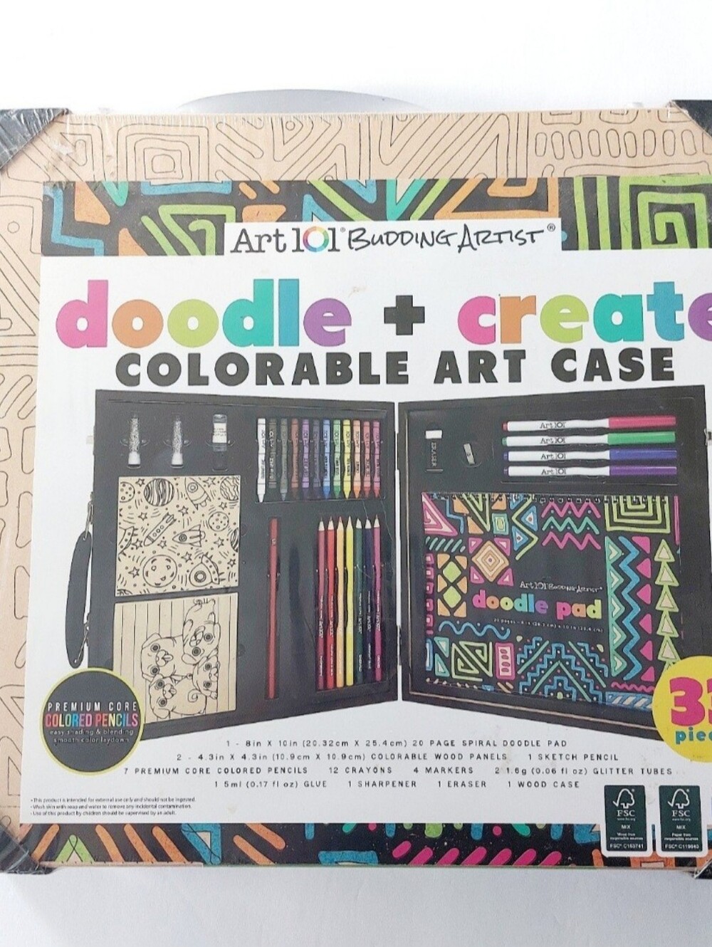 Art 101 Budding Artist Doodle + Create Colorable Art Case 33 Piece Wooden Art Se